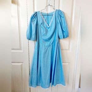 Blue Polkadot & Lace 60s Dress Theater Costume Princess Neckline Puffy Sleeves‎
